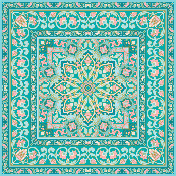 Ornement floral oriental avec cadre. Tapis turquoise et rose. Modèle pour textile, coussin, châle, tapisserie, mouchoir.  - Vecteur, image