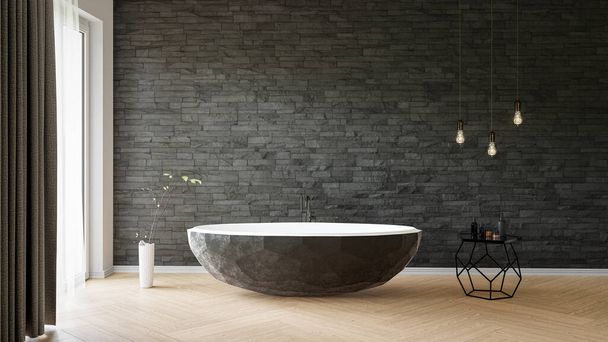 Interno bagno grigio con oggetti decorativi, pavimento in legno e vasca astratta. Illustrazione 3D - Foto, immagini