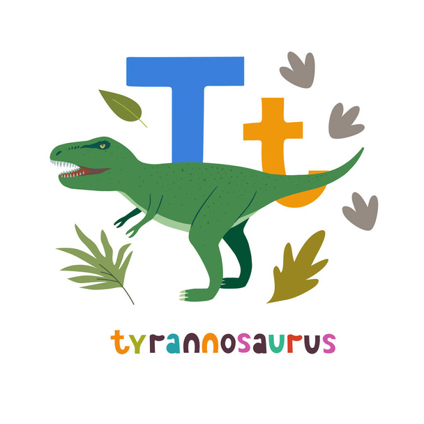 Tyrannosaurus. Cute cartoon hand drawn illustration with dinosaur and T letter. - Vector, imagen