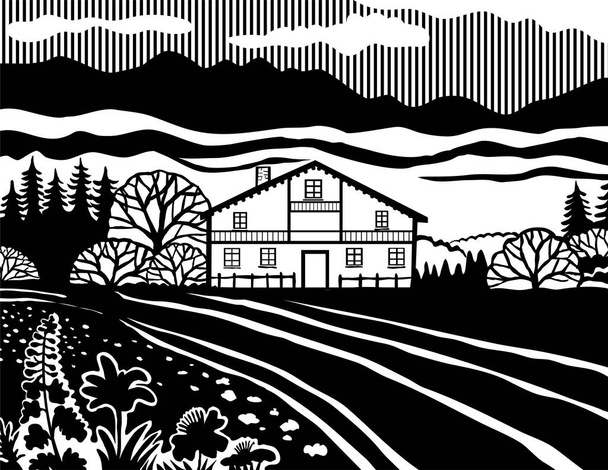 İsviçre 'nin çayırlarındaki bir dağ evi tarzının siyah-beyaz retro tarzıyla izole edilmiş bir arka plan çizimi. - Vektör, Görsel