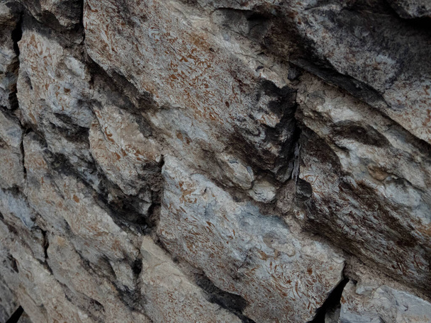 A closeup texture of a weathered old stone wall - Foto, afbeelding