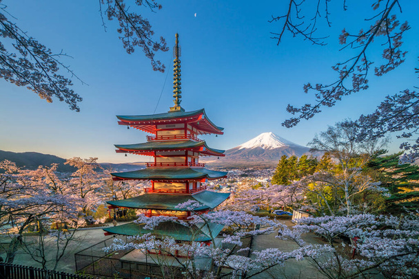 Fuji ve Chureito Dağı gün batımında kiraz çiçekli kırmızı pagoda - Fotoğraf, Görsel
