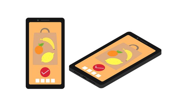 la pantalla del teléfono inteligente que muestra con el paquete completo de frutas y un signo de compra hecho - Vector, imagen