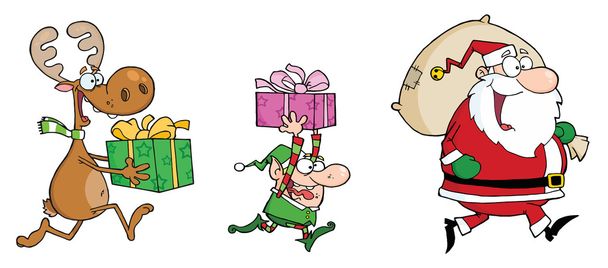 Gelukkig de santa claus, elf en rendieren loopt met geschenken - Foto, afbeelding