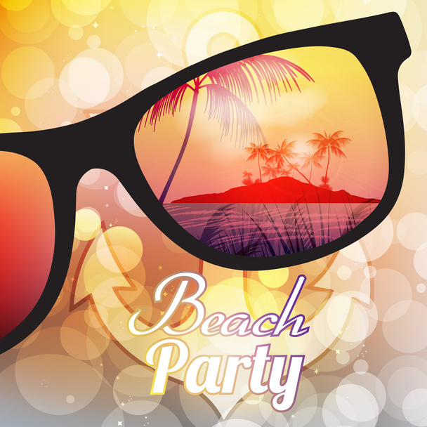 Summer Beach Party Flyer Design with Sunglasses on Blurred Background - Vector Illustration - Vetor, Imagem