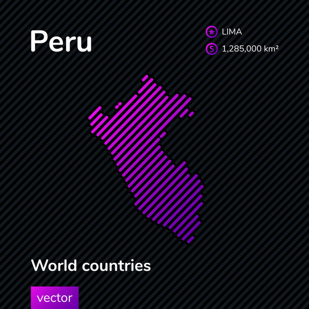 Mapa de Perú. Vector creativo digital neón línea plana arte abstracto mapa simple con violeta, púrpura, rosa rayas textura sobre fondo negro. Banner educativo, póster sobre Perú - Vector, imagen