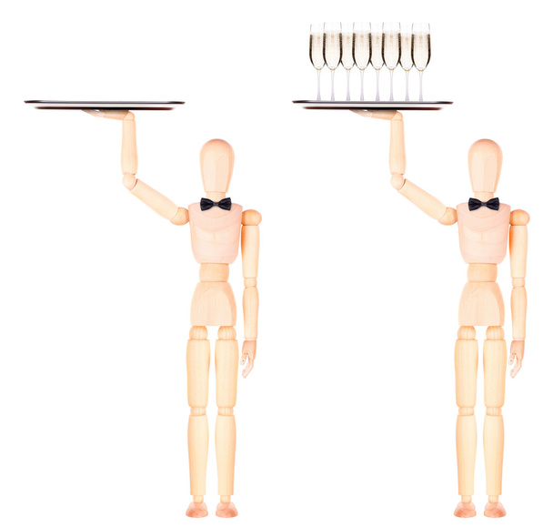 wooden Dummy waiter with champagne on tray - Фото, изображение