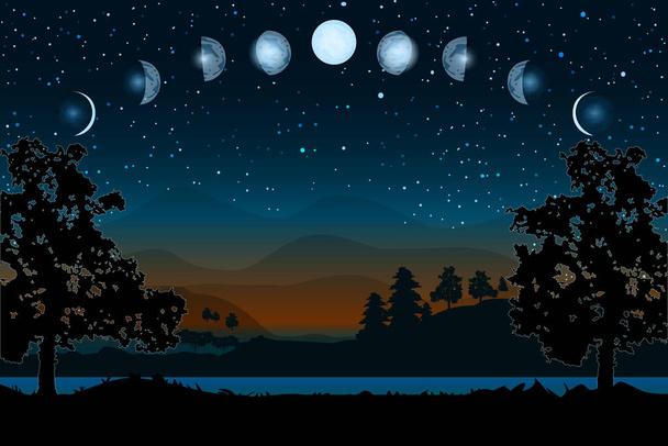 ムーンフェイズ。新月から満月までのサイクル全体。漫画のムーンフェイズ。月周期の変化。新しい、ワックス、 4分の1 、三日月、半分、フル、ワニング、日食。宇宙の空間。田舎の夜空と風景。ストックベクトルイラスト - ベクター画像