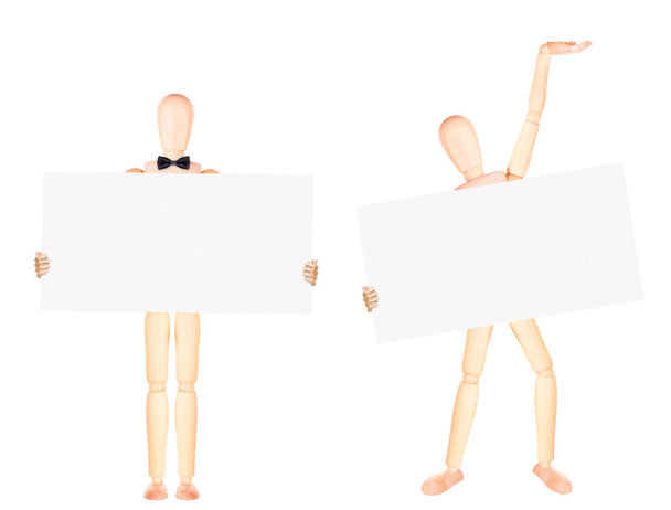 wooden Dummy businessman with empty banner - Photo, image