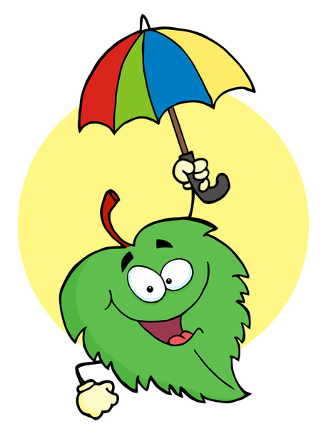 Feliz hoja verde con un personaje de dibujos animados paraguas
 - Foto, Imagen