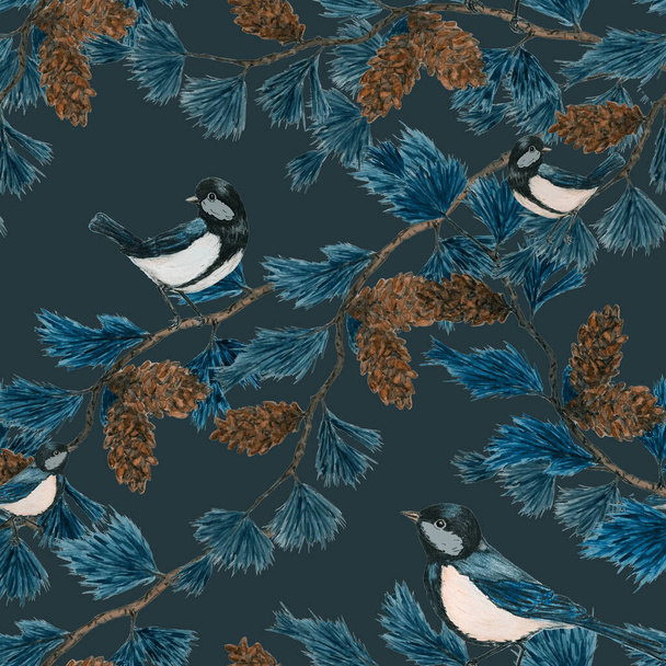 Decorative seamlees pattern with forest birds. Sitting tomtits. Colorful animal print for any purposes. Hand drawing. - Fotoğraf, Görsel