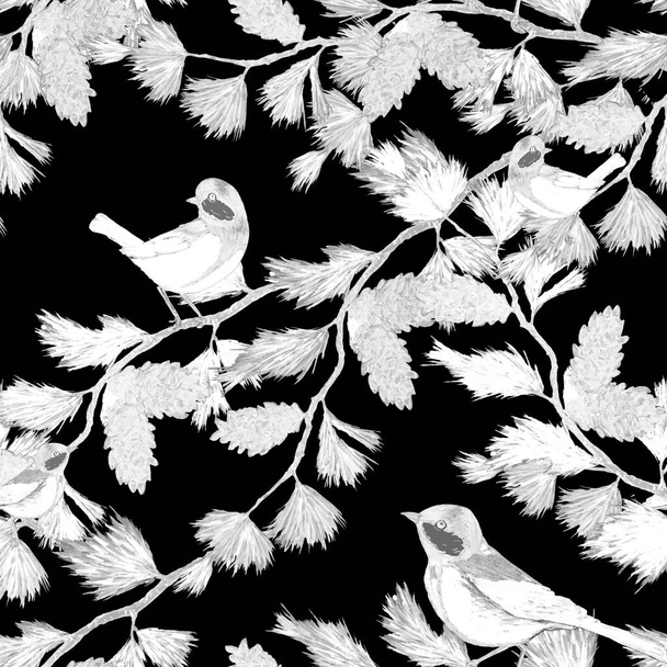 Decorative seamlees pattern with forest birds. Sitting tomtits.Monochrome animal print for any purposes. Hand drawing. - Фото, зображення