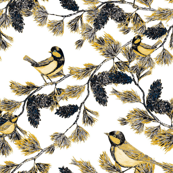 Decorative seamlees pattern with forest birds. Sitting tomtits. Bright golden animal print for any purposes. Hand drawing. - Фото, изображение