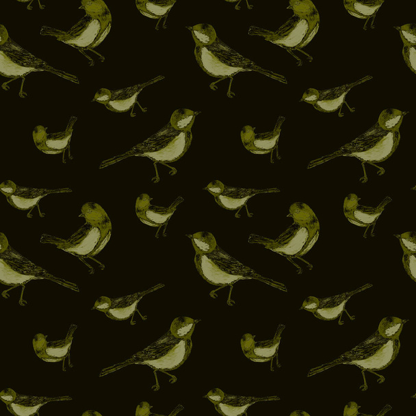 Decorative seamlees pattern with forest birds. Sitting tomtits.Monochrome animal print for any purposes. Hand drawing. - Photo, image