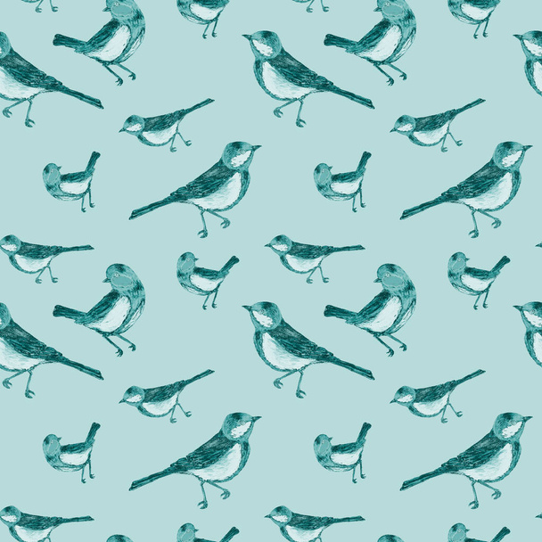 Decorative seamlees pattern with forest birds. Sitting tomtits.Monochrome animal print for any purposes. Hand drawing. - Foto, Bild
