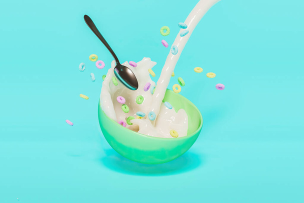 Ceramic bowl with splashes of milk and cereal falling with pastel colors and a spoon floating in the air. 3d render - Foto, Imagen