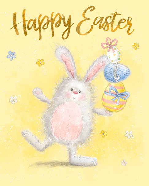 Καλό Πάσχα σχεδιασμό ευχετήριων καρτών. Κουνέλι με αυγά και λουλούδια. - Φωτογραφία, εικόνα