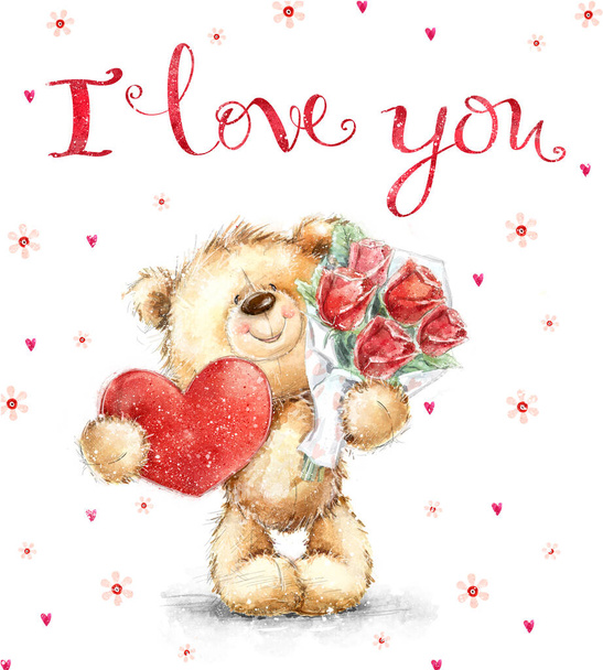 Cute smiling  Teddy Bear in love on the hearts background  with bouquet. Valentines day postcard.  - Photo, Image