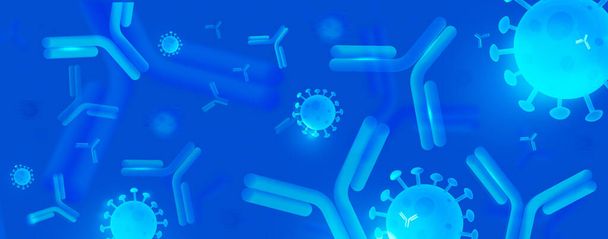 An antibody, an immunoglobulin, a molecule involved in immune defense. Blue horizontal medical background - Zdjęcie, obraz