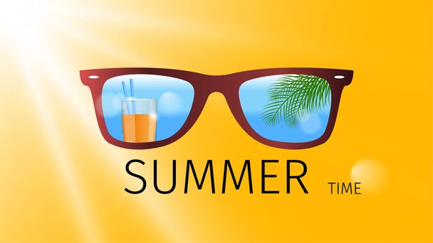 Sunglasses on an orange background. Glass of juice, palm branches against the background of the blue sea. Glasses. Inscription summer time. Realistic objects 3d. Vector - Vector, afbeelding