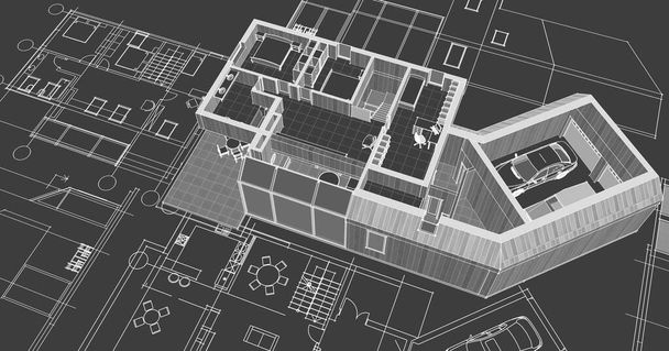 casa moderna proyecto arquitectónico bosquejo 3d ilustración - Foto, Imagen
