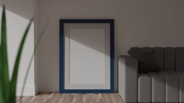 Affiche maquette sur un mur blanc avec un cadre bleu. Image CGI, rendu 3D, illustration 3D - Photo, image
