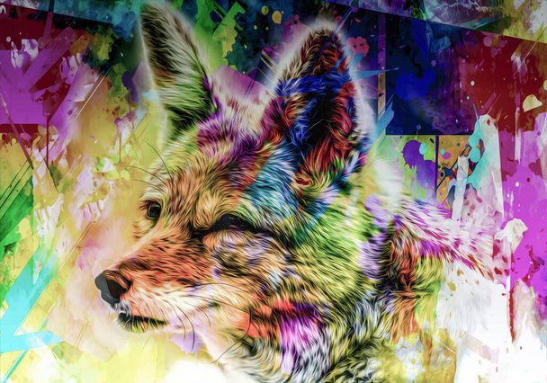 kleurrijke artistieke vos muilkorf met heldere verf splatters op donkere achtergrond. - Foto, afbeelding