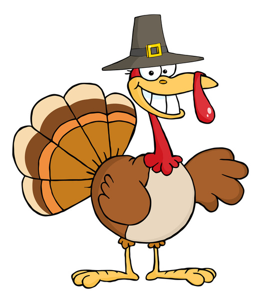 Happy Turkey Cartoon Character With Pilgrim Hat - Photo, Image