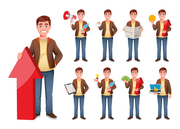 Schöne Geschäftsmann Cartoon-Figur, Set von neun Posen. Jungunternehmer. Bestandsvektordarstellung im flachen Stil - Vektor, Bild