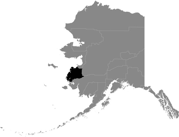 Carte de localisation en surbrillance noire de la région de recensement américaine de Kusilvak à l'intérieur de la carte grise de l'État fédéral de l'Alaska, États-Unis - Vecteur, image
