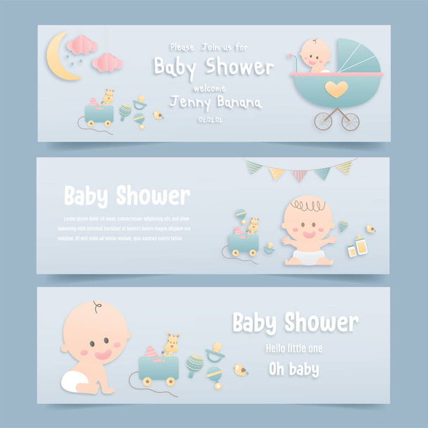 Vector illustration greeting card set for a baby shower on pink background, cute design Papercraft baby and toys on background, Cute papercraft and paper cut style. - Vector, Image