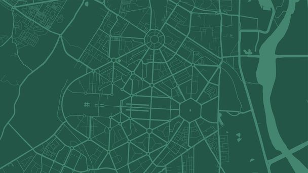 Verde Delhi ciudad vector mapa de fondo, calles y cartografía del agua ilustración. proporción de pantalla ancha, plano digital diseño streetmap. - Vector, Imagen