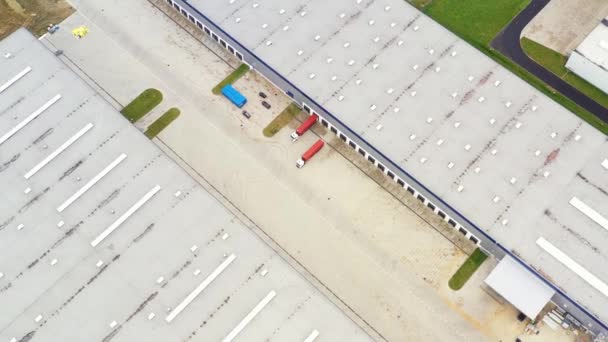 Vista aérea del almacén de mercancías. Centro logístico en zona industrial de ciudad desde arriba. Vista aérea de camiones cargando en el centro logístico. Vista desde el dron. - Metraje, vídeo