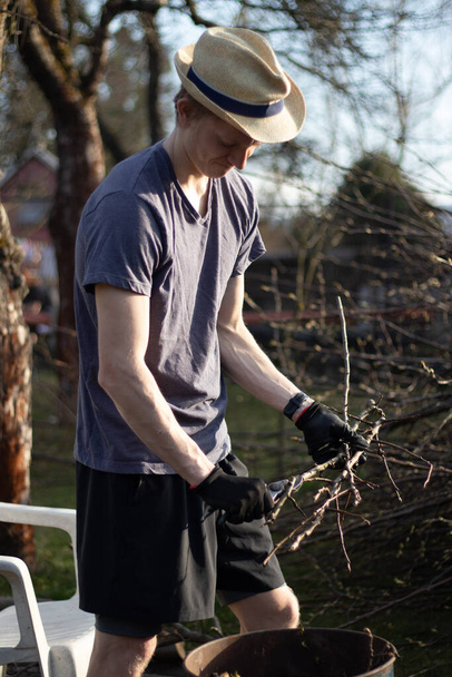 Ένα νεαρό ξανθό αγόρι με καπέλο κόβει κλαδιά για να καεί αργότερα. Επεξεργασία κομμένα κλαδιά από οπωροφόρα δέντρα σε οπωρώνες. Κόβοντας κλαδιά σε μικρά κλαδιά και βάζοντας τα σε ένα βαρέλι - Φωτογραφία, εικόνα