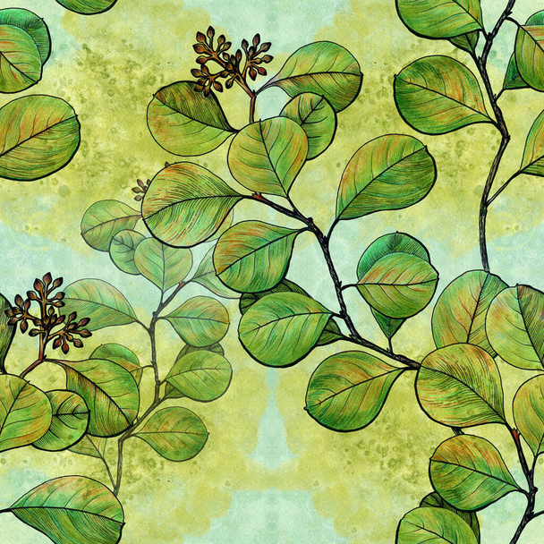Leaves. Decorative composition on a watercolor background. Floral motifs. Seamless pattern. Use printed materials, signs, items, websites, maps, posters, postcards, packaging. - Photo, Image