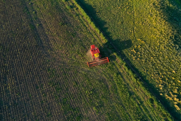 Harvester in Pampas Countryside, aerial view, La Pampa province, Argentina. - Photo, Image