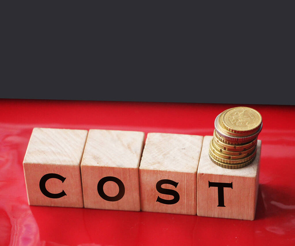 Деревянный блок с алфавитом объединяет в себе слово COST, стоимость, расходы или концепцию прибыли и убытков компании, анализирует расходы или оплату. - Фото, изображение