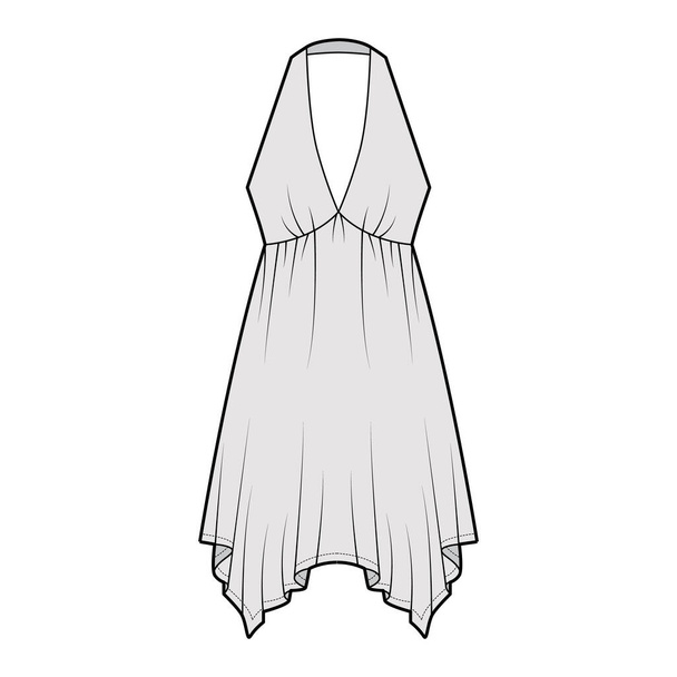 Šaty kapesník lem chemise technické módní ilustrace s rukávem bez, říše ohlávka výstřih, kruhová sukně - Vektor, obrázek