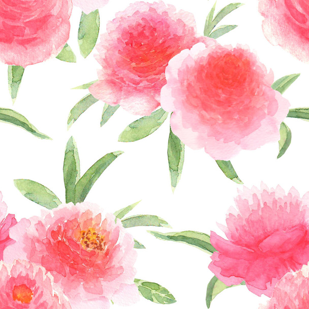 Watercolor pink peonies flowers. Beautiful floral seamless pattern. Watercolour hand drawn spring botanical illustration on white background. Print for textile, fabric, wallpaper, wrapping paper. - Фото, изображение