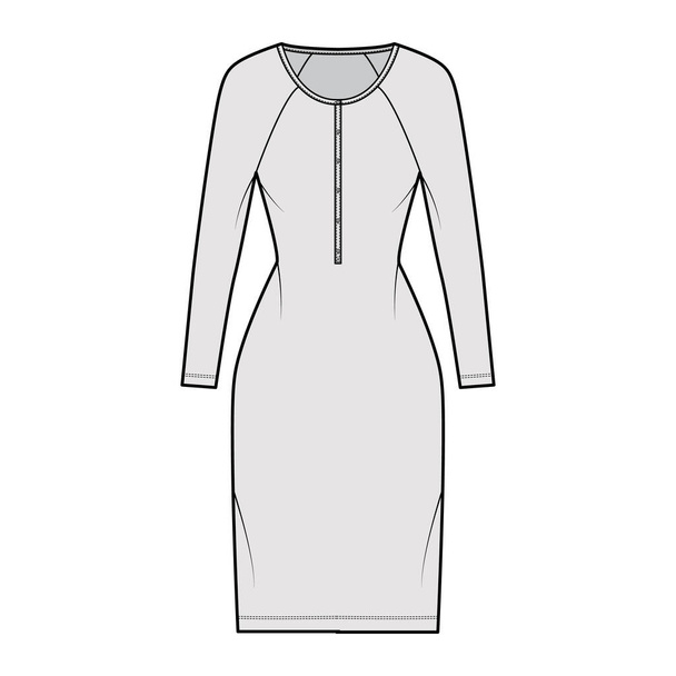 Šaty henley límec technické módní ilustrace s dlouhými raglánovými rukávy, montované tělo, po kolena tužka sukně. Flat - Vektor, obrázek