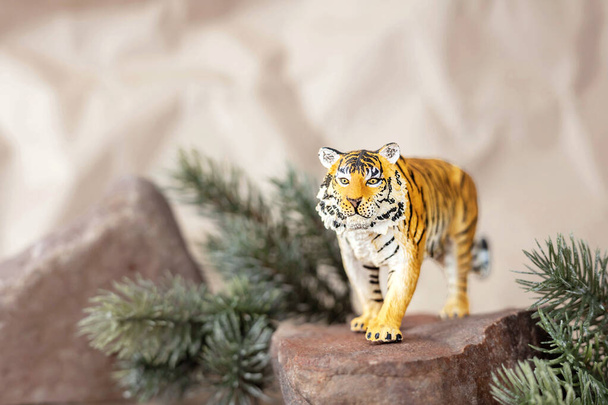 Tiger σύμβολο του κινεζικού νέου έτους 2022. Σύκο της τίγρης σε πέτρα με κλαδιά έλατο δέντρο σε παστέλ φόντο. Αντιγραφή χώρου. - Φωτογραφία, εικόνα