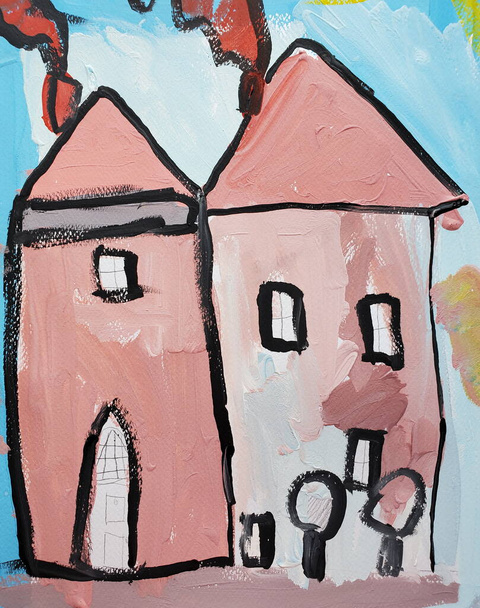 Pittura d'arte ingenua di case nei toni del rosa cenere e azzurro - Foto, immagini