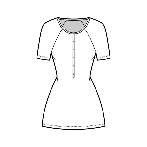 Dress henley collar technical fashion illustration with short raglan sleeves, fitted body, mini length pencil skirt Flat - Vector, Image