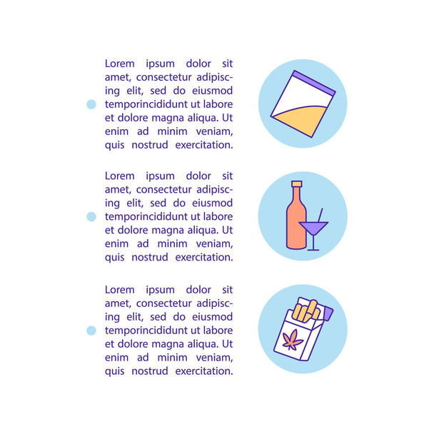 Drug abuse concept line icons with text. PPT page vector template with copy space. Brochure, magazine, newsletter design element. Unhealthy habits and behaviors linear illustrations on white - Wektor, obraz
