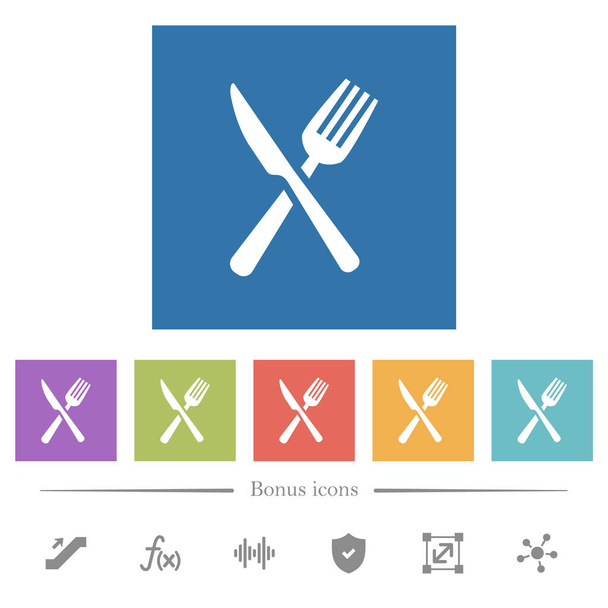 Fork and knife in crossed position flat white icons in square backgrounds. 6 bonus icons included. - Vector, Image