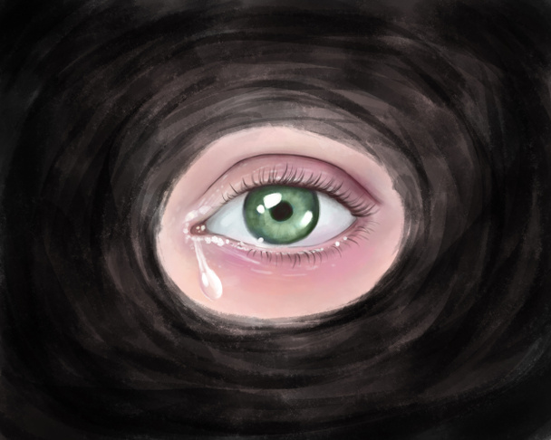 Un símbolo de depresión y desesperación. Un ojo llorón con una lágrima, rodeado por una manta o túnel negro, que simboliza el sufrimiento y la desesperanza - Foto, imagen