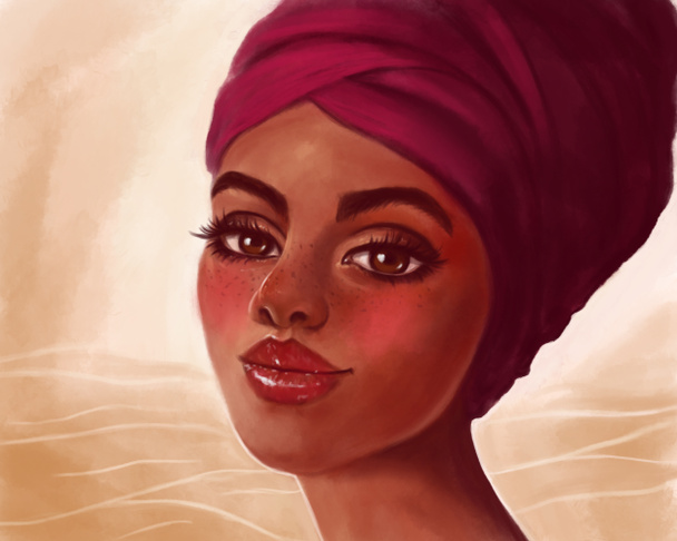 Illustratie van een mooie zwarte vrouw in een tulband. Kunst illustratie, Afro-Amerikaanse schoonheid, Afrikaanse natuurlijke etnische schoonheid - Foto, afbeelding