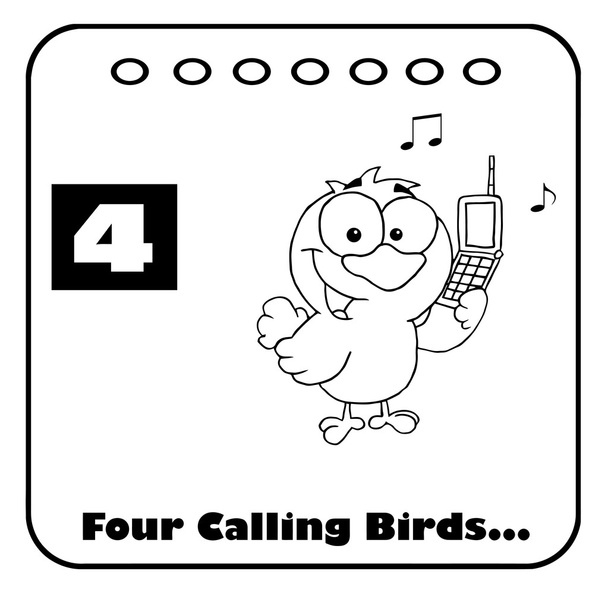 Schwarz-weißer Vogel ruft nach einem Weihnachtskalender mit Text und Nummer vier - Foto, Bild