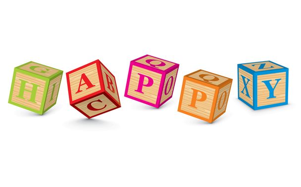 Word HAPPY written with alphabet blocks - Vector, Image