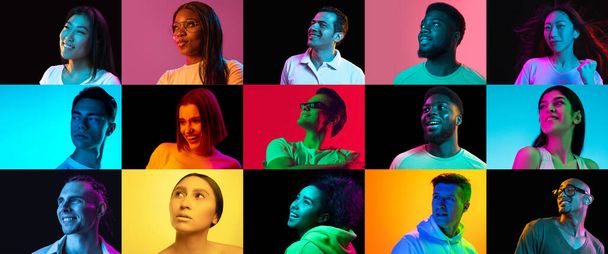 Portraits of group of people on multicolored background in neon light, collage. - Foto, Bild